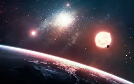 A stunning HD wallpaper from the video game Exodus (2024), showcasing Earth from space, illuminated by bright stars and celestial bodies in a captivating cosmic scene.