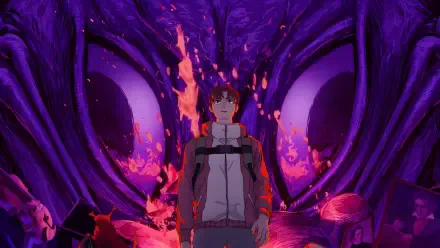 4K Ultra HD anime wallpaper featuring Jin Enjouji from Dandadan standing before a massive, glowing purple and orange demonic face.