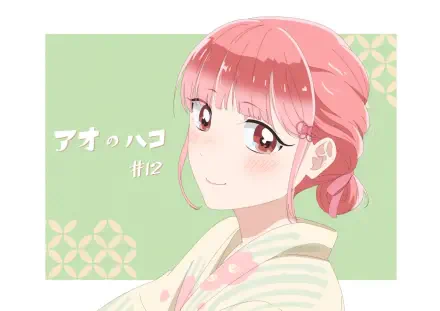 Anime-style HD desktop wallpaper featuring Hina Chouno from Blue Box with soft pink hair and a gentle expression against a pastel green geometric background.