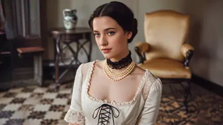 A woman in a Victorian-era dress poses elegantly in a beautifully styled room, featuring a decorative floor and antique chair, captured in 4K Ultra HD.