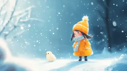 A cute winter scene featuring a girl in a bright orange coat and hat, standing in the snow with a small chick, captured in a vibrant 4K Ultra HD desktop wallpaper.