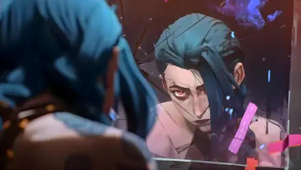 4K Ultra HD anime-style wallpaper featuring Jinx from Arcane and League of Legends, with intense colors and a reflective, dramatic atmosphere.