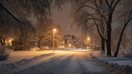 A serene winter night scene featuring a snowy street illuminated by warm streetlights, surrounded by trees and cozy homes, captured in stunning 4K Ultra HD.