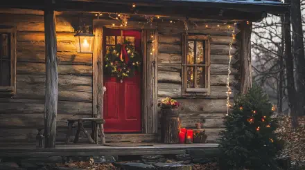 A rustic holiday scene featuring a cozy log cabin adorned with festive lights, a red door, and a wreath, creating a warm and inviting atmosphere, captured in 4K Ultra HD.
