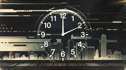 4K Ultra HD digital clock with a new year countdown overlaying a city skyline at night, capturing the essence of time and celebration.