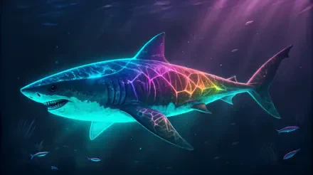 A vibrant 4K Ultra HD wallpaper featuring a megalodon, highlighted with colorful neon patterns, swimming gracefully in a dark underwater scene.