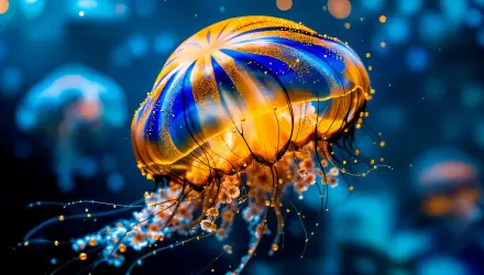 A vibrant jellyfish glows with orange and blue hues, gracefully floating in a serene underwater scene, perfect as a 4K Ultra HD desktop wallpaper.