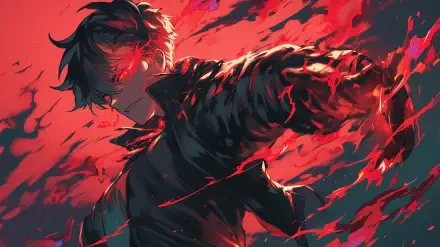 An anime boy with striking features and a dark aura stands against a backdrop of swirling red flames. This HD wallpaper captures intense energy and vibrant colors.