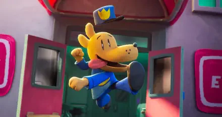 A vibrant HD wallpaper featuring Dog Man, a cheerful dog in a blue uniform and cap, joyfully leaping through a doorway. From the upcoming movie Dog Man (2025).