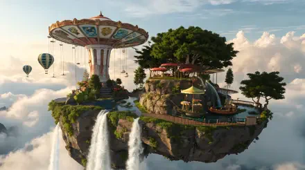A whimsical flying island features a carousel, lush greenery, and cascading waterfalls, set against a backdrop of blue skies and floating hot air balloons, presented as a stunning 4K Ultra HD wallpaper.
