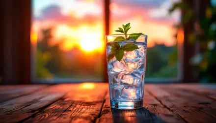 A refreshing cold drink with ice and mint sits on a wooden table, illuminated by a vibrant sunset, showcasing a beautiful 4K Ultra HD backdrop.