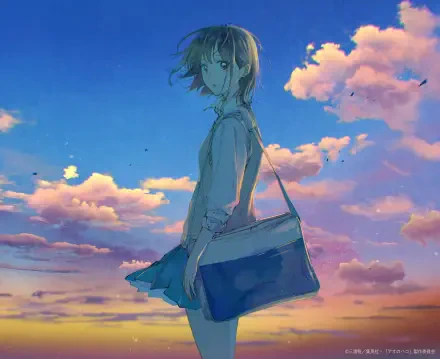 Anime-style 4K Ultra HD wallpaper featuring Chinatsu Kano from Blue Box against a vibrant sky with pink and orange clouds at sunset.