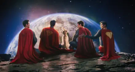 Four versions of Superman with capes sit on a rocky surface, gazing at Earth, accompanied by a small dog, in this 4K Ultra HD wallpaper for the 2025 movie Superman.
