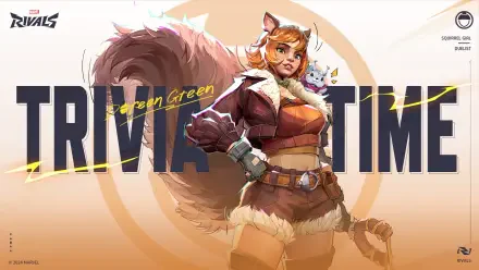 HD wallpaper featuring Squirrel Girl from Marvel Rivals, showcasing her vibrant character design against a bright background with the text Trivia Time.
