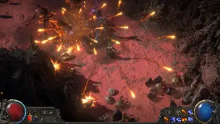 A dynamic scene from Path of Exile 2, showcasing a powerful explosion with fiery projectiles against a rugged terrain, all rendered in stunning 4K Ultra HD.