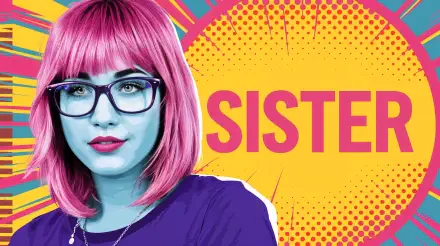 A vibrant 4K Ultra HD wallpaper featuring a girl with pink hair and glasses, with the word SISTER boldly displayed against a colorful, expressive background.