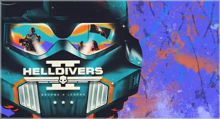 HD PC desktop wallpaper featuring Helldivers 2. The image showcases a striking helmet design with vibrant colors and intense action elements, embodying the game's adventurous spirit.