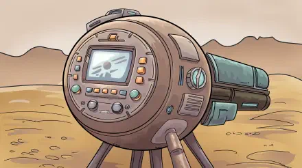 A detailed futuristic weapon design featuring a cylindrical body, digital display, and various control buttons, set against a rugged desert landscape, perfect for a 4K Ultra HD PC wallpaper.