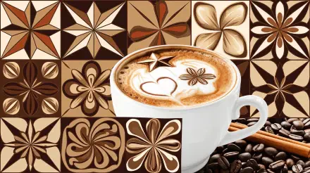 A beautifully crafted cappuccino in a white cup, featuring intricate latte art, is set against a rich, patterned background of coffee-themed designs and textures. 4K Ultra HD quality.