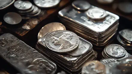 Close-up of assorted silver coins and bars arranged together, showcasing their intricate details. This 4K Ultra HD image serves as a striking desktop wallpaper or background.