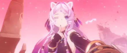 Citlali from Genshin Impact poses with a finger to her lips in this vibrant 4K Ultra HD video game wallpaper featuring a pink and glowing background.