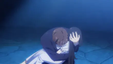 Anime scene from Unnamed Memory showing a tender moment between two characters under soft blue lighting, featured as an HD PC desktop wallpaper and background.
