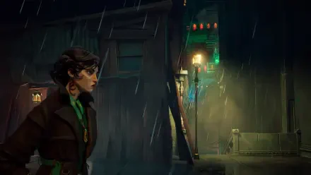 A character stands in the rain, gazing at a vibrant urban scene illuminated by neon lights, embodying the atmosphere of the video game Sleight of Hand. 4K Ultra HD wallpaper.