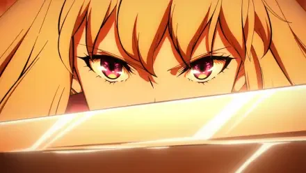 Close-up of Cha Hae-in from Solo Leveling with intense pink eyes and glowing sword, featured in an HD anime desktop wallpaper.