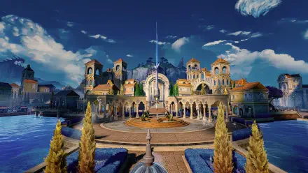 Wuthering Waves 8K Ultra HD PC desktop wallpaper: sunlit coastal plaza with ornate colonnaded buildings, central fountain, mountain backdrop and vivid blue sky.