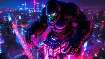 A dynamic 4K Ultra HD desktop wallpaper featuring King Kong towering over a vibrant, neon-lit cityscape, exuding strength and majesty against a colorful urban backdrop.