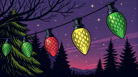 Colorful holiday lights hung between silhouetted trees against a twilight sky filled with stars. 4K Ultra HD desktop wallpaper, perfect for festive celebrations.