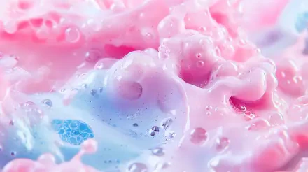 Close-up of colorful kefir bubbles in soft pink and blue hues, showcasing a vibrant and textured surface. 4K Ultra HD desktop wallpaper and background.