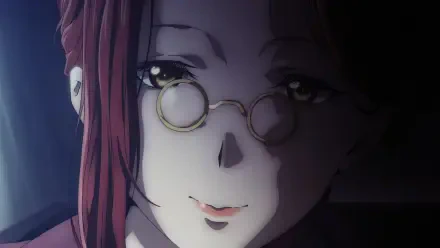 A close-up of Soujiro the Willow-Sword from the anime Ishura, featuring a character with red hair and round glasses, bathed in soft light and shadow, creating a captivating atmosphere.