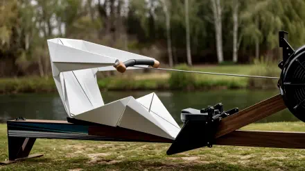 4K Ultra HD desktop wallpaper showing a modern rowing machine designed like a sleek paper boat by a lake with a blurred forest background.