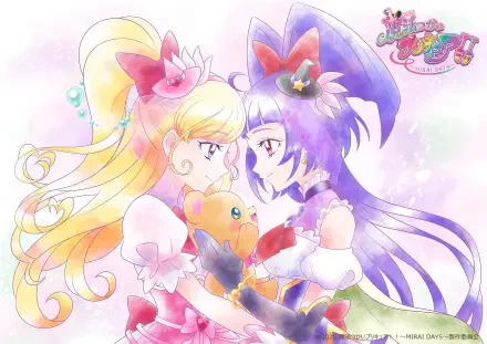 Anime-inspired HD wallpaper from Witchy PreCure! Mirai Days, featuring two magical girls embracing with a soft, colorful background and a teddy bear in between them.