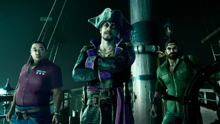 HD wallpaper featuring characters from the video game Like a Dragon: Pirate Yakuza in a Hawaiian setting, showcasing a pirate and crew against a ship backdrop.