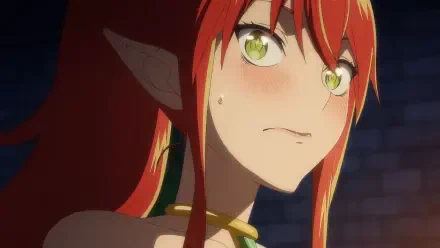 An anime character with vibrant red hair and green eyes looks intently, featuring a blush on her cheeks. This HD image serves as a striking desktop wallpaper from Headhunted to Another World.