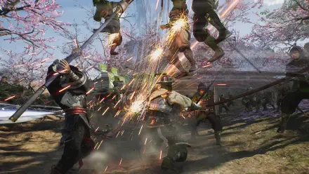 An action-packed scene from Dynasty Warriors: Origins, featuring intense combat amidst cherry blossoms, enhanced by dynamic sparks and a vivid color palette, designed for HD PC backgrounds.