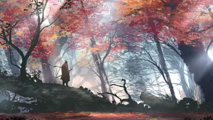 A samurai stands on a forest hill surrounded by vibrant autumn trees, captured in stunning detail for a 4K Ultra HD PC desktop wallpaper background.