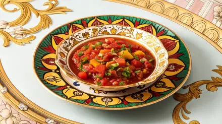 A vibrant bowl of salsa filled with colorful diced vegetables sits elegantly on a decorative plate, creating a striking 4K Ultra HD desktop wallpaper.
