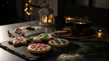 Festive Christmas cookies on a slate board, surrounded by holiday baking elements and cozy decorations with warm candlelight in a 4K Ultra HD desktop wallpaper.