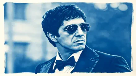 A striking 4K Ultra HD wallpaper featuring a stylish figure with sunglasses, embodying the character Scarface, set against a blurred background in a bold blue tone.