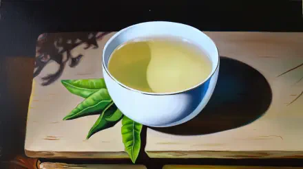 A serene depiction of white tea in a white bowl, accompanied by fresh green tea leaves, set against a soft background, crafted as a 4K Ultra HD desktop wallpaper.