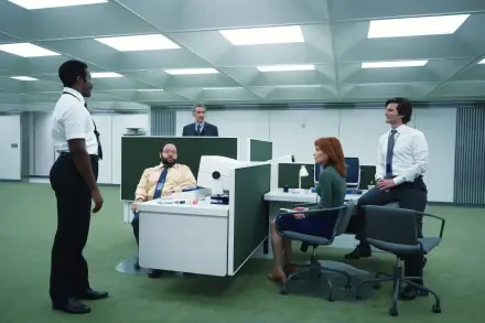 A scene from the TV show *Severance*, featuring a group of characters in a modern, minimalist office setting. Ideal as an 8K Ultra HD PC desktop wallpaper.