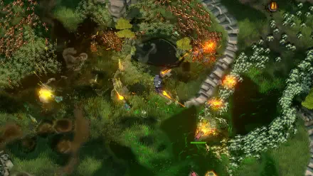 An HD desktop wallpaper from the video game IDUN - Frontline Survival, showcasing vibrant green landscapes and dynamic gameplay elements amidst glowing effects.