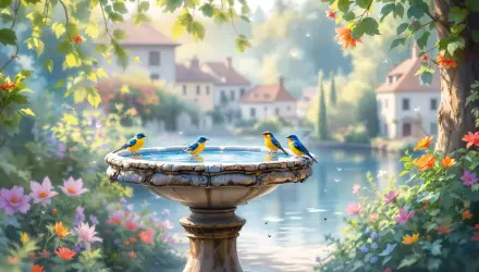 A serene bird bath surrounded by vibrant flowers and charming houses, captured in stunning 4K Ultra HD, perfect for a calming desktop wallpaper or background.
