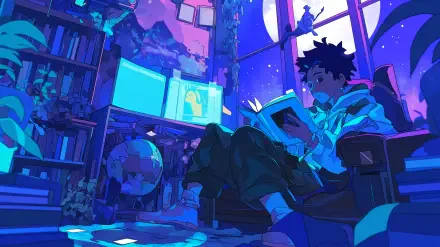 A serene anime scene featuring a character reading in a cozy room, surrounded by books and a globe, all bathed in calming blue tones, perfect as a HD PC desktop wallpaper.