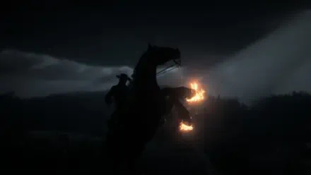 HD PC desktop wallpaper from Red Dead Redemption 2 showing a silhouetted rider on a rearing horse against a dark, stormy sky with glowing lights in the background.