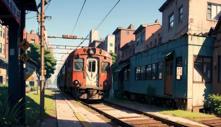 4K Ultra HD AI art of an anime-style train traveling through a sunlit urban scene, blending detailed architecture with vibrant colors for a dynamic PC desktop wallpaper.