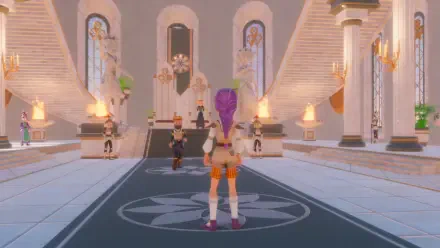 A vibrant scene from Magic Inn, featuring a character with purple hair standing in a grand hall adorned with statues and candles, offering an enchanting HD PC desktop wallpaper experience.